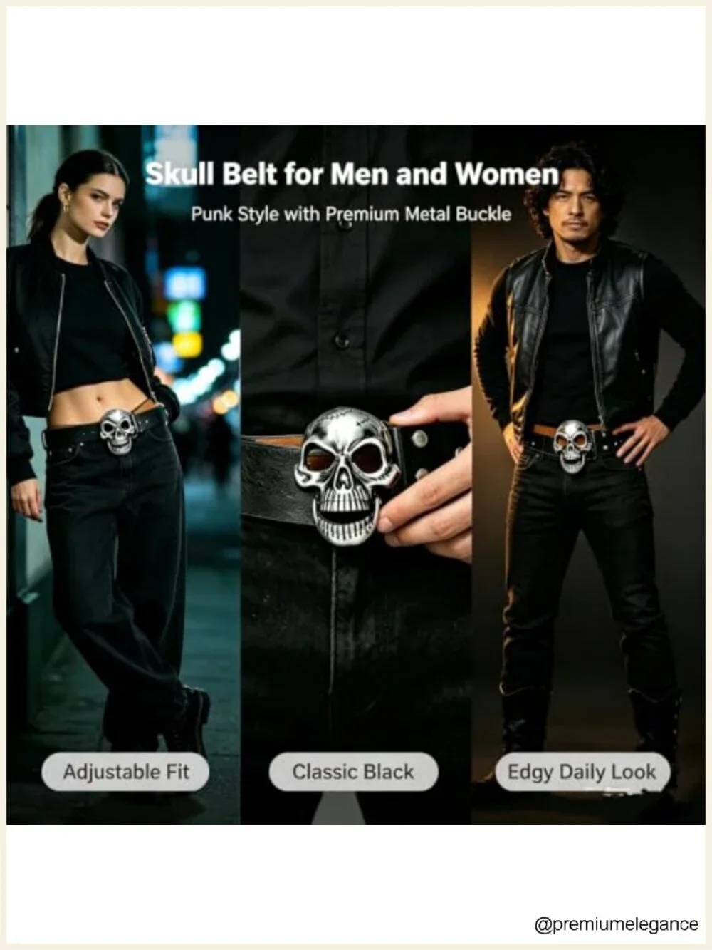 Men's Genuine Leather Skull Buckle Belt Punk Adjustable Western